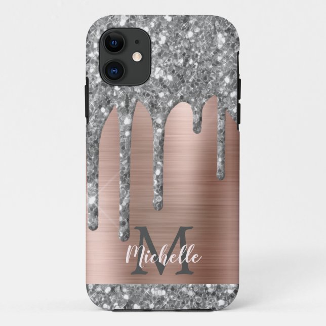 Monogrammed Silver Grey Glitter Drips Pink Metal Case-Mate iPhone Case (Back)