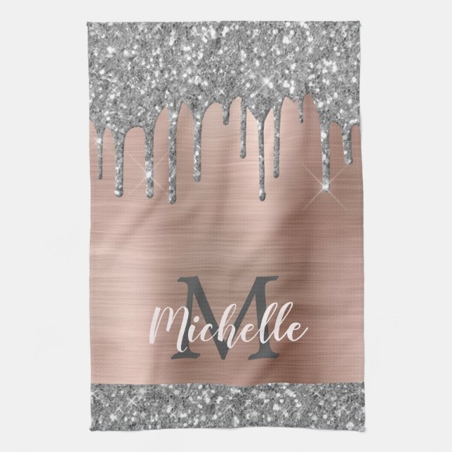 Monogrammed Silver Grey Glitter Drips Pink Metal Tea Towel (Vertical)