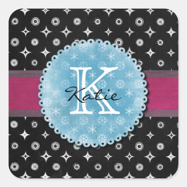 Monogrammed Silver Star Square Sticker (Front)