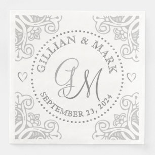 Monogrammed Silver Wedding Napkins Heart Border 