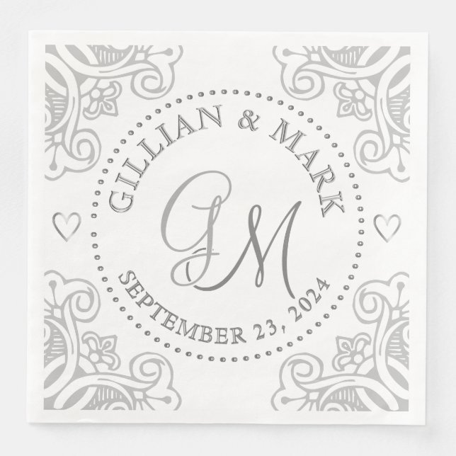 Monogrammed Silver Wedding Napkins Heart Border  (Front)