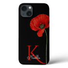 Monogrammed Single Red Poppy on Black