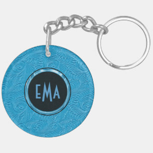 Monogrammed Sky Blue Embossed Floral Pattern Key Ring