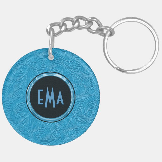 Monogrammed Sky Blue Embossed Floral Pattern Key Ring (Back Left)