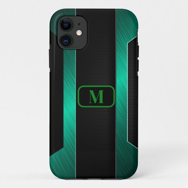 Monogrammed Sleek Green Metal  Case-Mate iPhone Case (Back)
