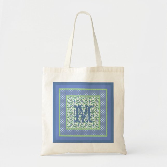 Monogrammed Snowdrops and Polka Dots Blue, Green Tote Bag (Front)