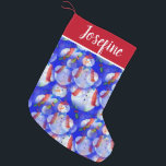 Monogrammed Snowman Small Christmas Stocking<br><div class="desc">Cute white snowman with red hat and scarf and blue bow tie over a blue background. Optional monogram</div>