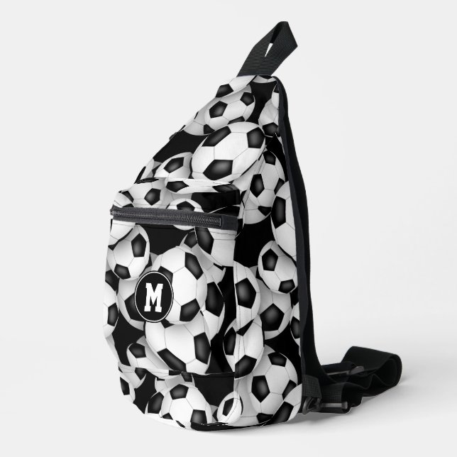 Monogrammed soccer balls pattern  sling bag (Right Corner)