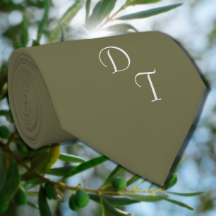 Monogrammed solid colour olive  green neck tie