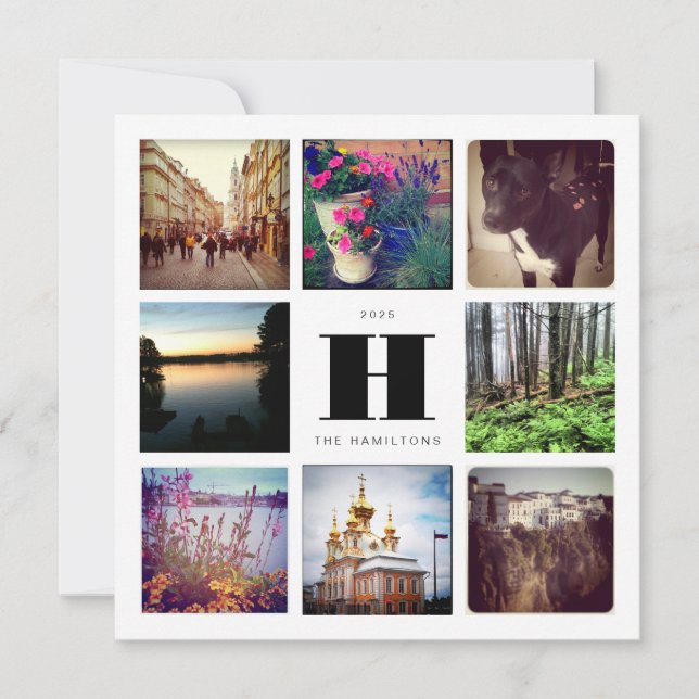 Monogrammed Square Eight Photo Instagram Collage Holiday Card (Front)