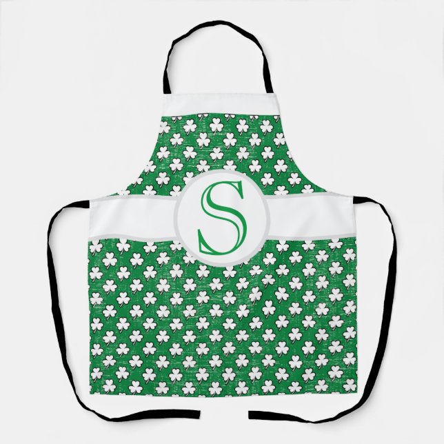 Monogrammed St. Paddy's Day Clover Pattern Lucky Apron (Front)