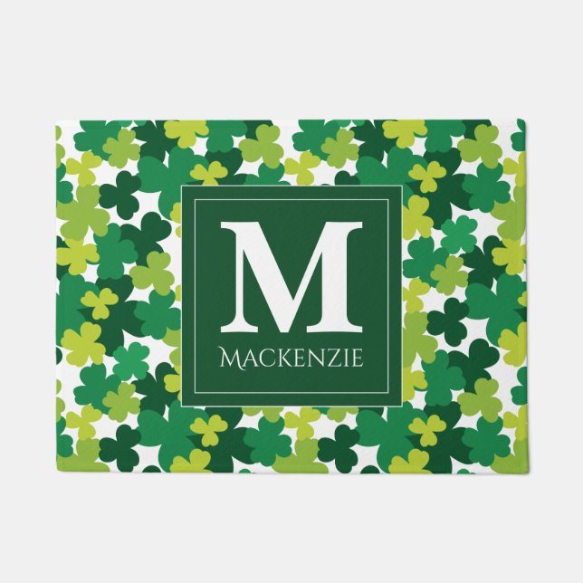 Monogrammed St. Patrick's Day Shamrocks Doormat (Front)