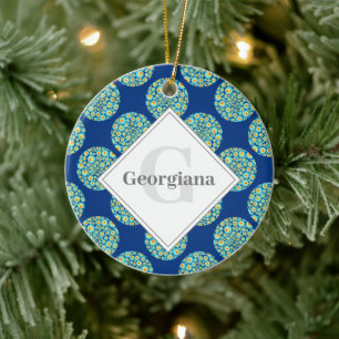 Monogrammed Starry Night On Sea Doodle Polka Dots Ceramic Tree Decoration