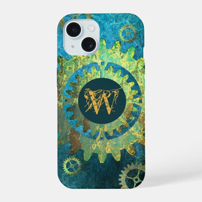 Monogrammed Steampunk Verdigris Rusty Cogwheel iPhone 15 Case (Back)