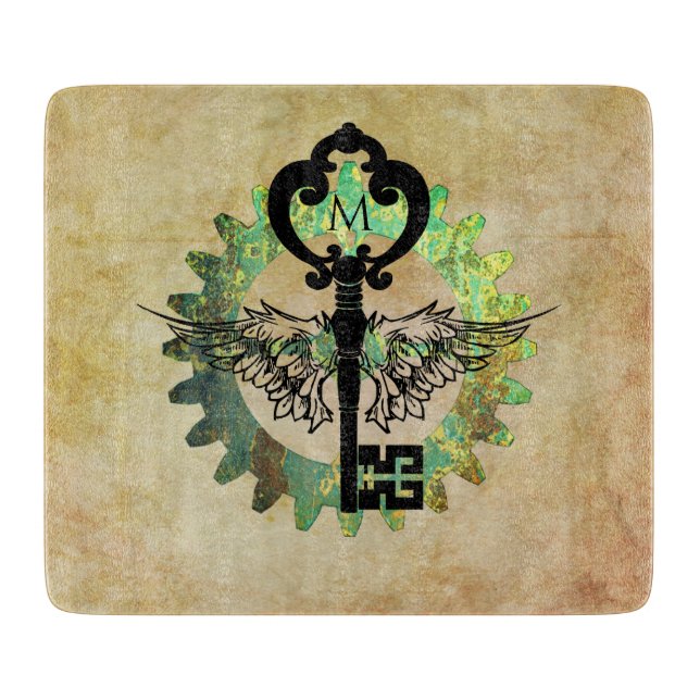Monogrammed Steampunk Winged Key Rusty Cogwheel Cutting Board (Front)