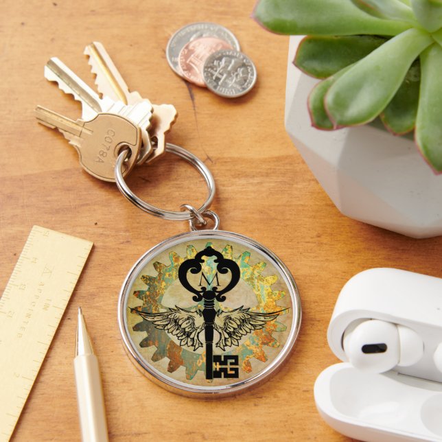 Monogrammed Steampunk Winged Key Rusty Cogwheel Ring (Desk)