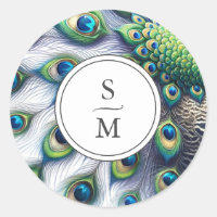 Monogrammed Sticker Watercolor Peacock Feathers