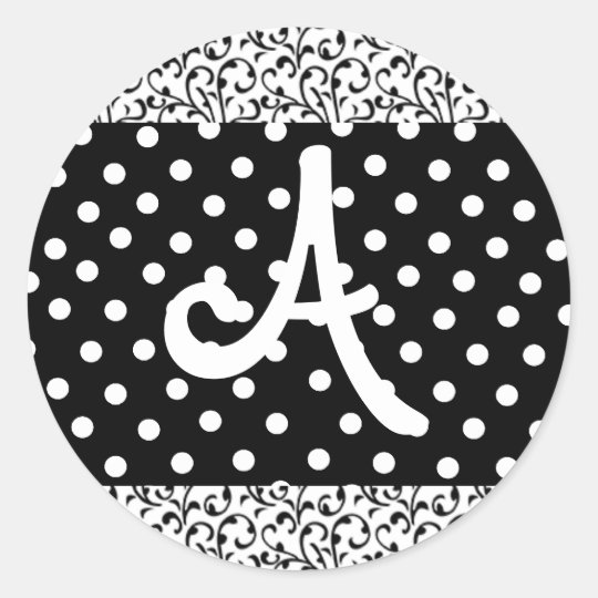 Monogrammed stickers black and white dots & damask