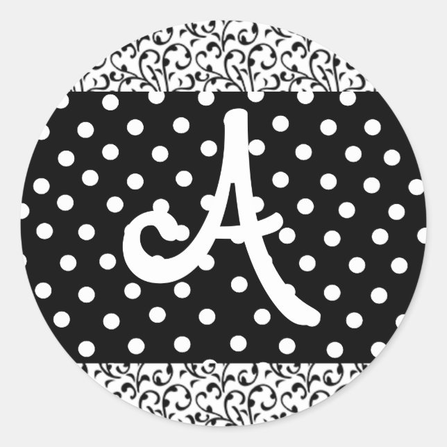 Monogrammed stickers black and white dots & damask (Front)