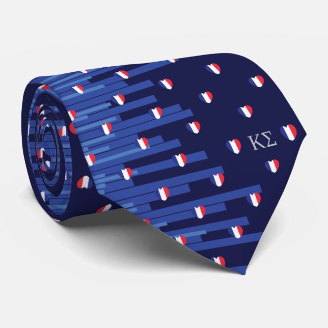 Monogrammed Stripes and Hearts Navy Blue Tie (Rolled)