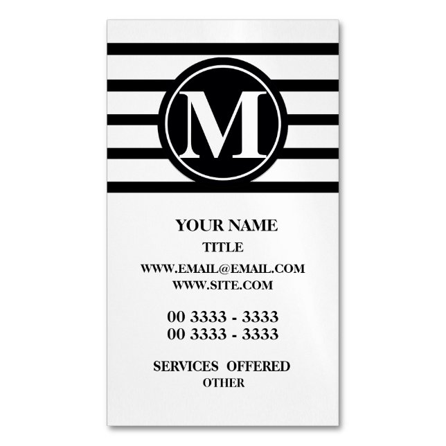 Monogrammed Stripes Pattern Black and White Magnetic Business Card (Front Vertical)