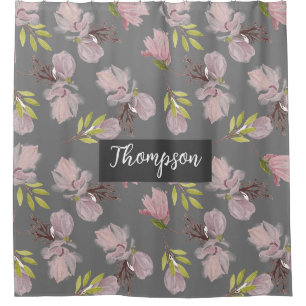 Monogrammed stylish dark grey cute floral pattern shower curtain