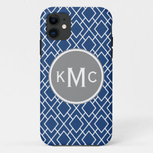 Monogrammed Stylish Navy Blue Diamond Pattern iPhone 11 Case