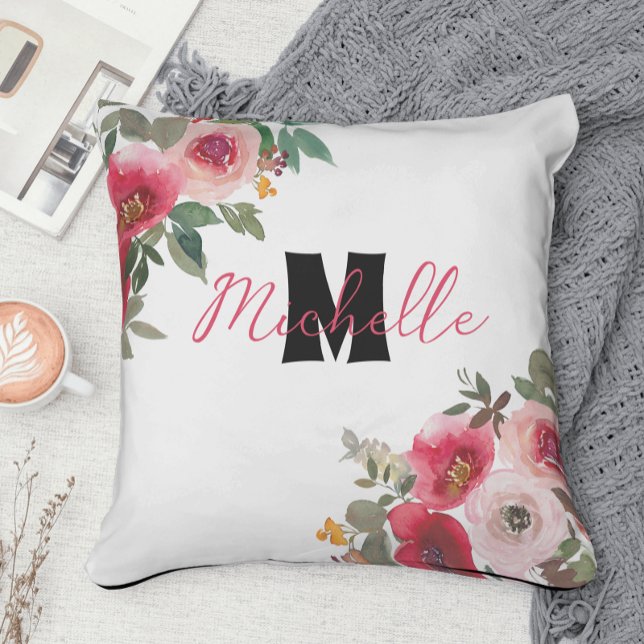 Monogrammed Stylish red and pink blooming flower Cushion (Creator Uploaded)