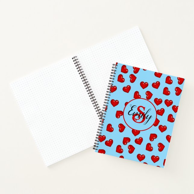 monogrammed stylish Red heart pattern on aqua blue Notebook (Inside)