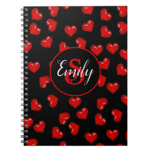 monogrammed stylish Red heart pattern on black Notebook