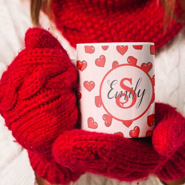 monogrammed stylish Red heart pattern on pink Coffee Mug (Creator Uploaded)
