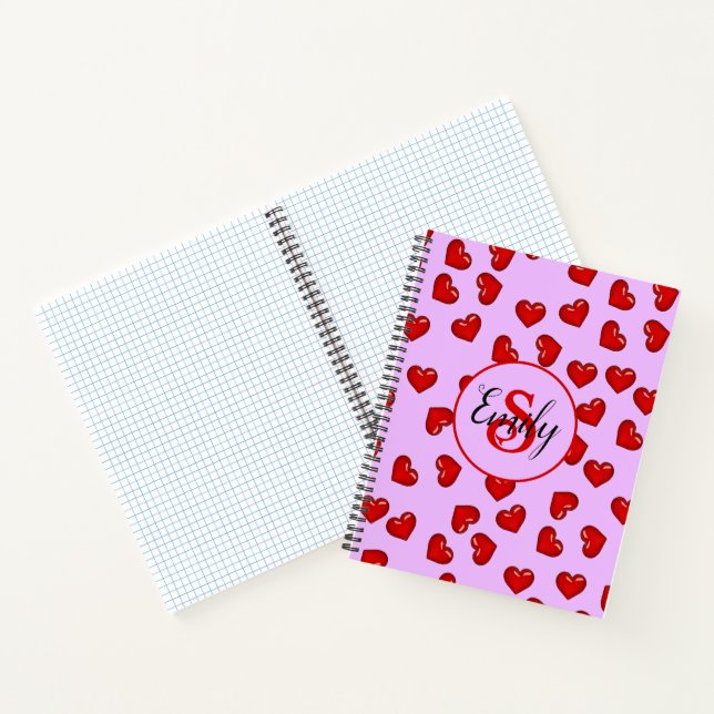 monogrammed stylish Red heart pattern on purple Notebook (Inside)