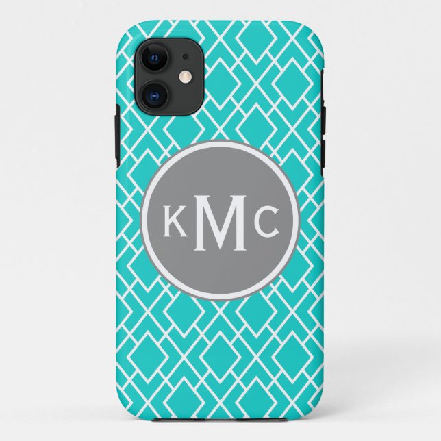 Monogrammed Stylish Teal Blue Diamond Pattern Case-Mate iPhone Case (Back)
