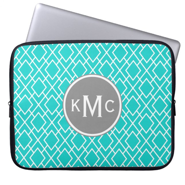 Monogrammed Stylish Teal Blue Diamond Pattern Laptop Sleeve (Front)