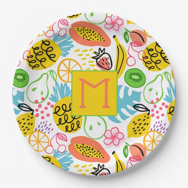 Monogrammed Summer Fruit Pattern Paper Plate (Front)