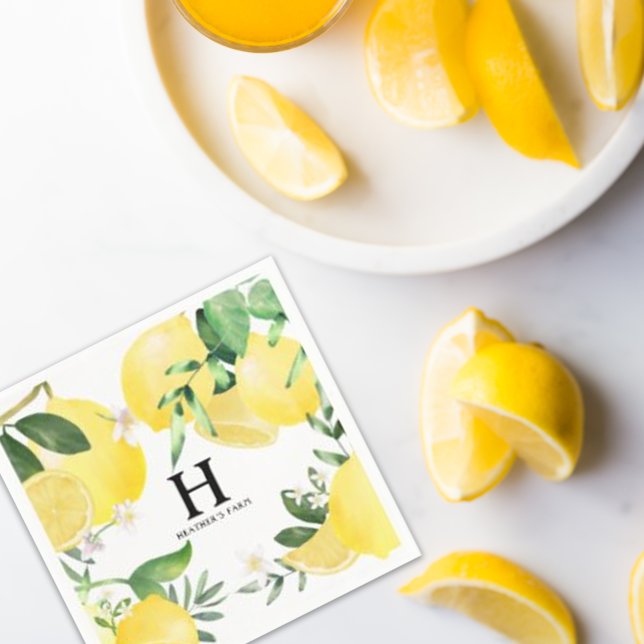 Monogrammed Summer Lemon Garden Yellow Napkin (Watercolor Lemon Summer Napkins Monogram Name)