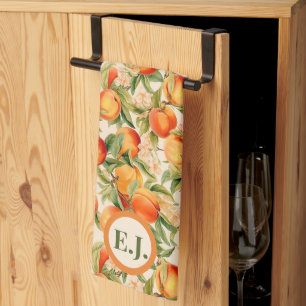 Monogrammed Summertime Peaches, Peach Themed  Tea Towel