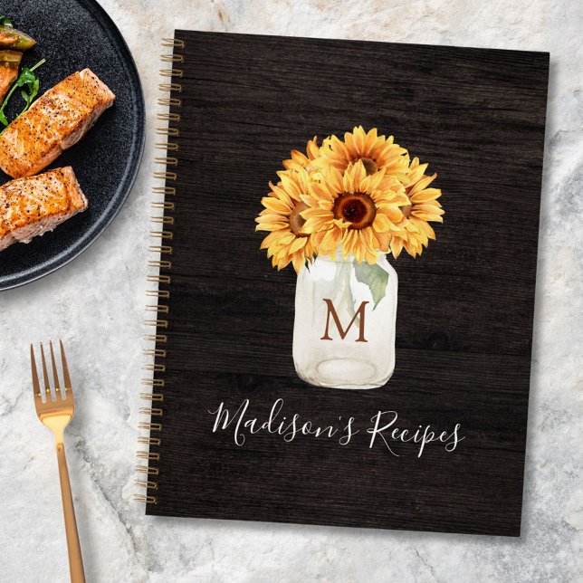 Monogrammed Sunflower Mason Jar Black Wood Recipe Notebook (In situ)