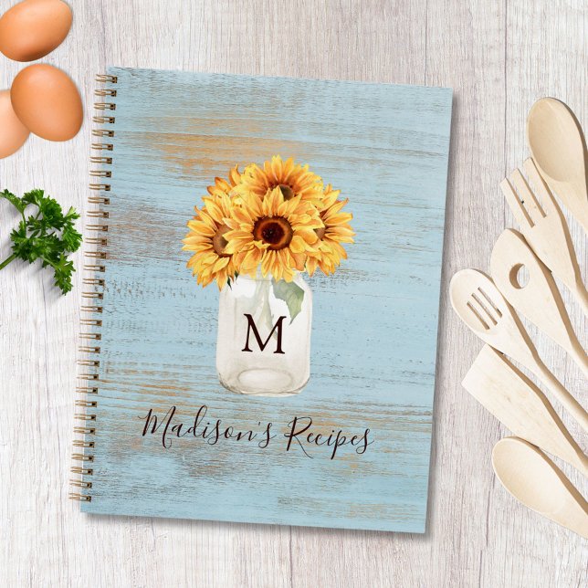 Monogrammed Sunflower Mason Jar Blue Wood Recipe Notebook (In situ)