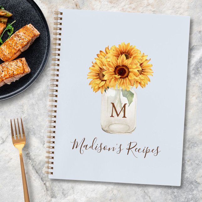 Monogrammed Sunflower Mason Jar Pastel Blue Recipe Notebook (In situ)