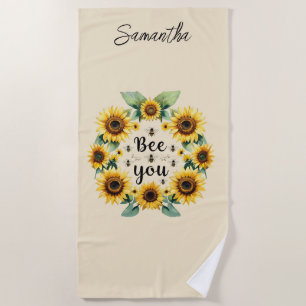 Monogrammed Sunflowers Bees Bee You Yellow  Beach Towel