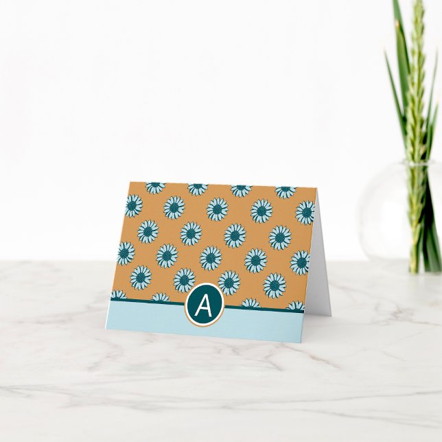 Monogrammed Sunflowers Blue Floral Note Card (Monogrammed Blue Sunflower Flowers Note Card from Studio Posies. )