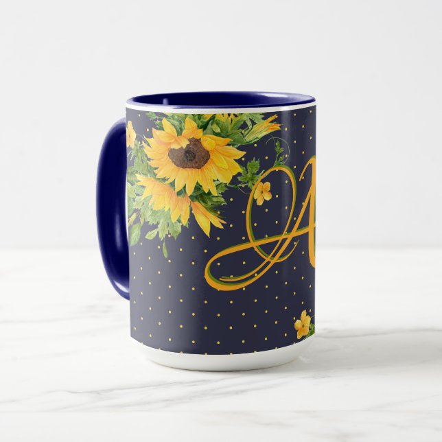 Monogrammed Sunflowers Navy Blue Yellow Decor Mug (Front Left)