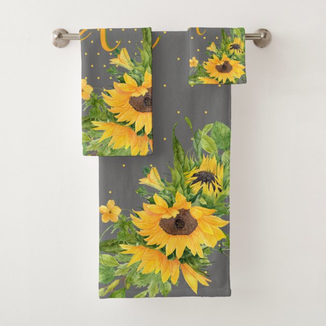Monogrammed Sunflowers Yellow Grey Decor Bath Towel Set (Insitu)
