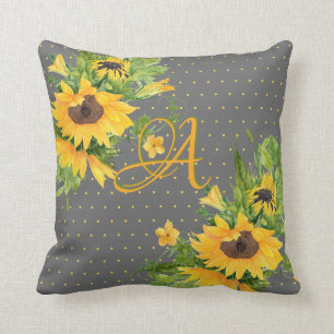 Monogrammed Sunflowers Yellow Grey Decor Cushion