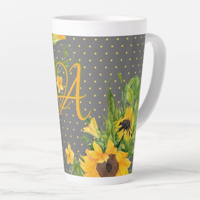 Monogrammed Sunflowers Yellow Grey Decor Latte Mug (Right Angle)