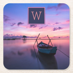 Monogrammed Sunset Waters w/ Boat Square Paper Coaster