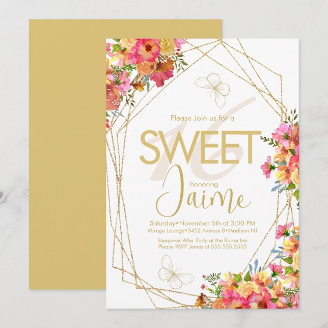 Monogrammed Sweet 16  Florals Garden Butterflies Invitation (Front/Back)