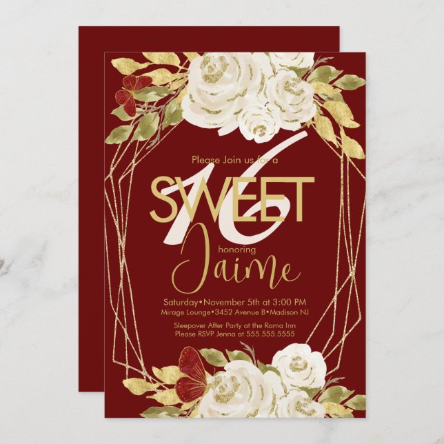 Monogrammed Sweet 16 Ivory Florals Wine Invitation (Front/Back)