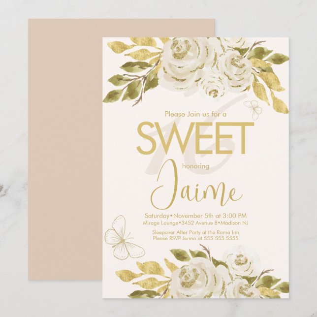 Monogrammed Sweet 16 Ivory Rose Pink Florals Invitation (Front/Back)